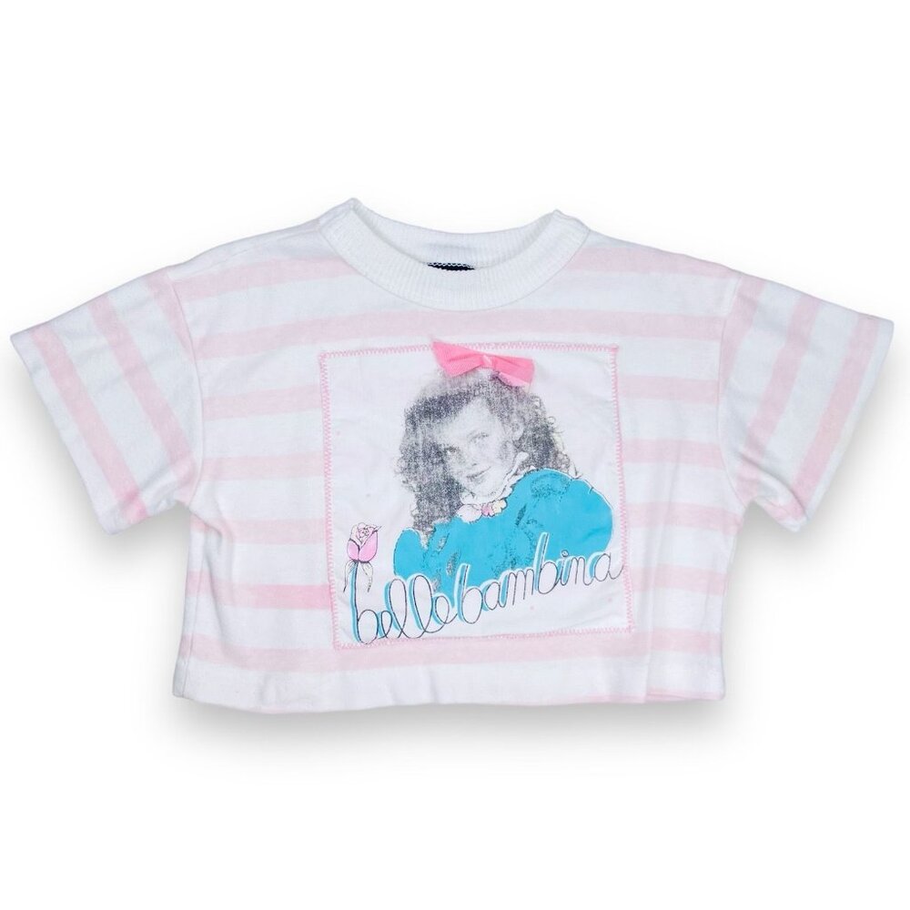 Vintage Girls Pink Striped Belle Bambina Bow Short Sleeve Crop T Shirt Top 6 - 8